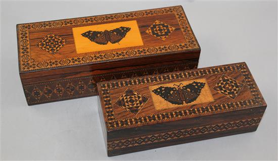 A Victorian rectangular Tunbridgeware glove box, largest 9.5in.